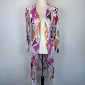 NYC Y2K Geometric Print Retro Semi Sheer Long Sleeve‎ Duster Cardigan Mesh Cover